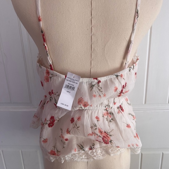 American Eagle Lace Trimmed Faux Wrap Babydoll White Pink Floral Size Small NWT - Picture 2 of 2